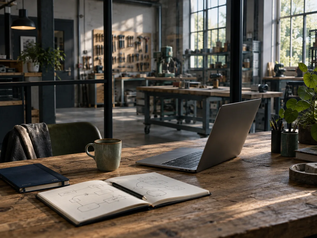 Sfeerbeeld: een rustige werkplek met laptop en notities naast een werkplaats